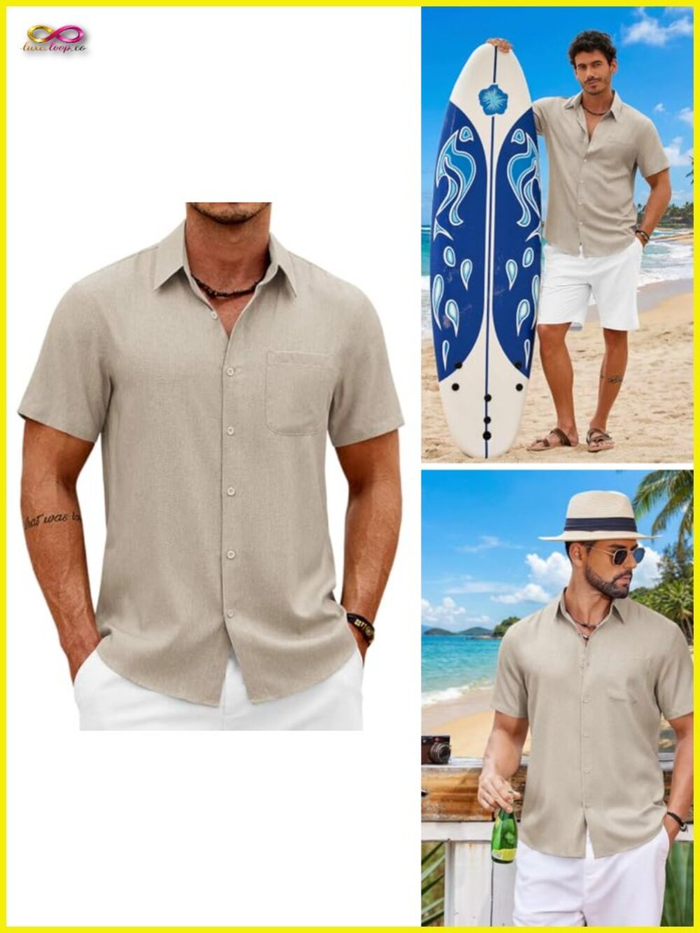 Short Sleeve Button Down Shirt with Pocket - Casual Summer Linen Beach Shirt